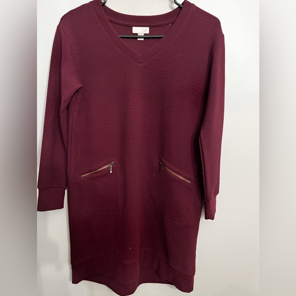 J. Jill V Neck Waffle Knit Tunic Pocket Dress Size XS Thermal ‎ Long Sweater